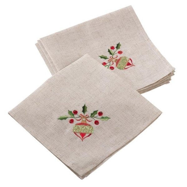 Saro Lifestyle SARO 007.N20S Embroidered Ornament Holly Design Holiday Linen Blend Napkin  Natural - Set of 4 007.N20S